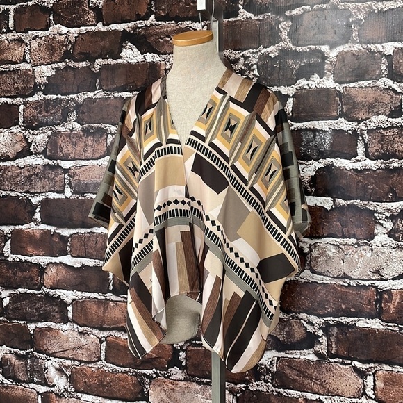 Systemaction Poncho Cardigan Shrug Lightweight Brown Geometric Print One Size - Picture 5 of 10
